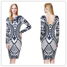 Elegant Geometric Print Long Sleeve Lady Bandage Dress